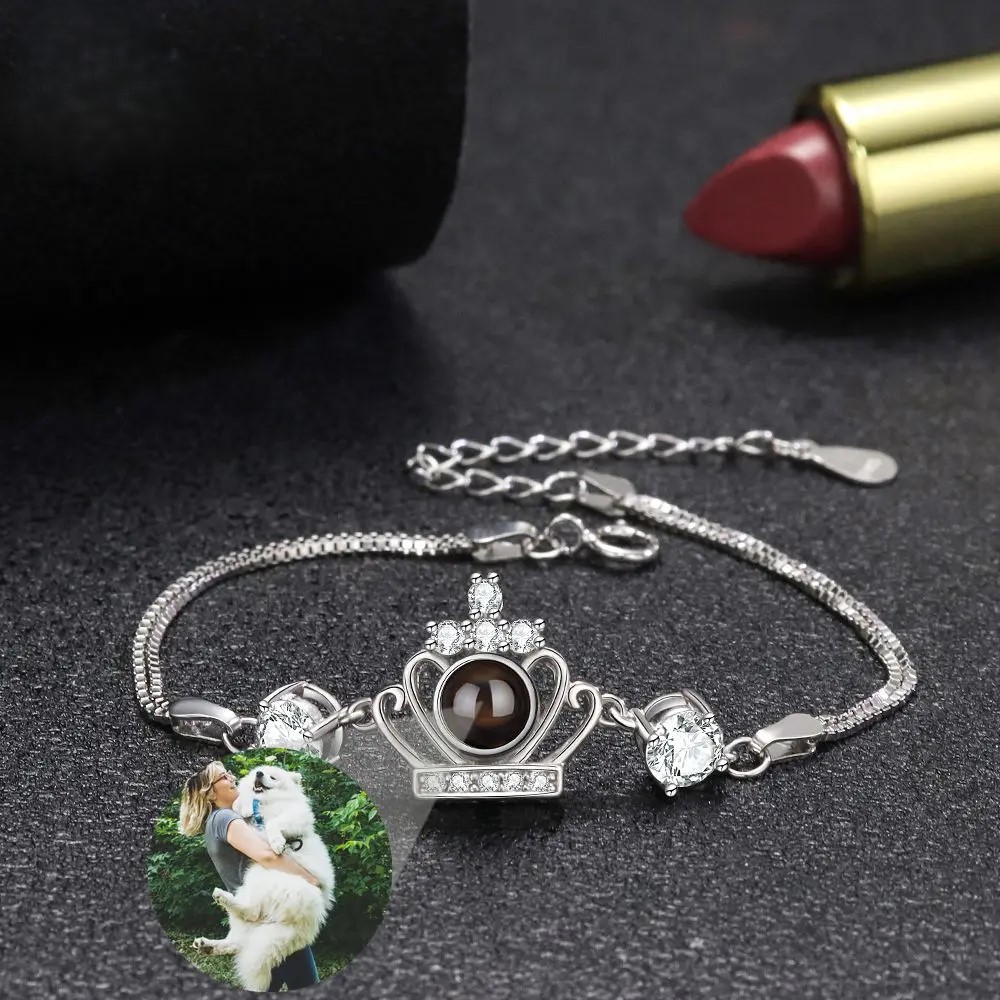 Projektions-Armband Krone aus 925er Sterling Silber – personalisiert mit Foto, verstellbar 18–23 cm