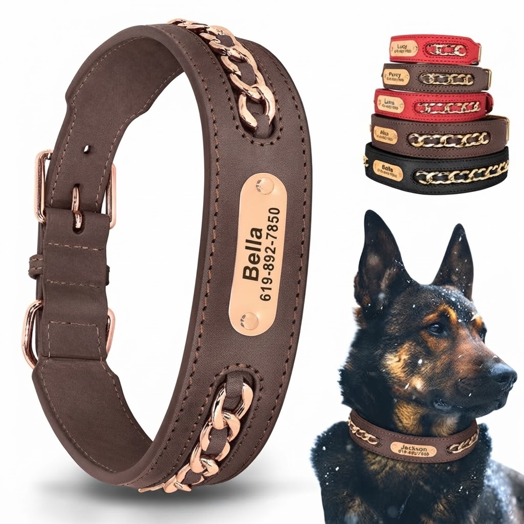 Personalisiertes Leder-Hundehalsband mit Gravur – Verstellbares Halsband mit Zierkette, Namensschild & Telefonnummer