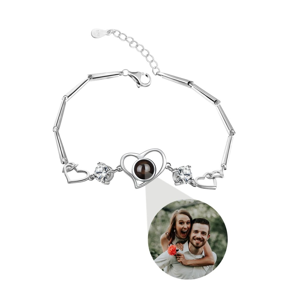 Herz-Zirkonia Armband mit Fotoprojektion aus 925er Sterling Silber – verstellbar (18–23 cm)