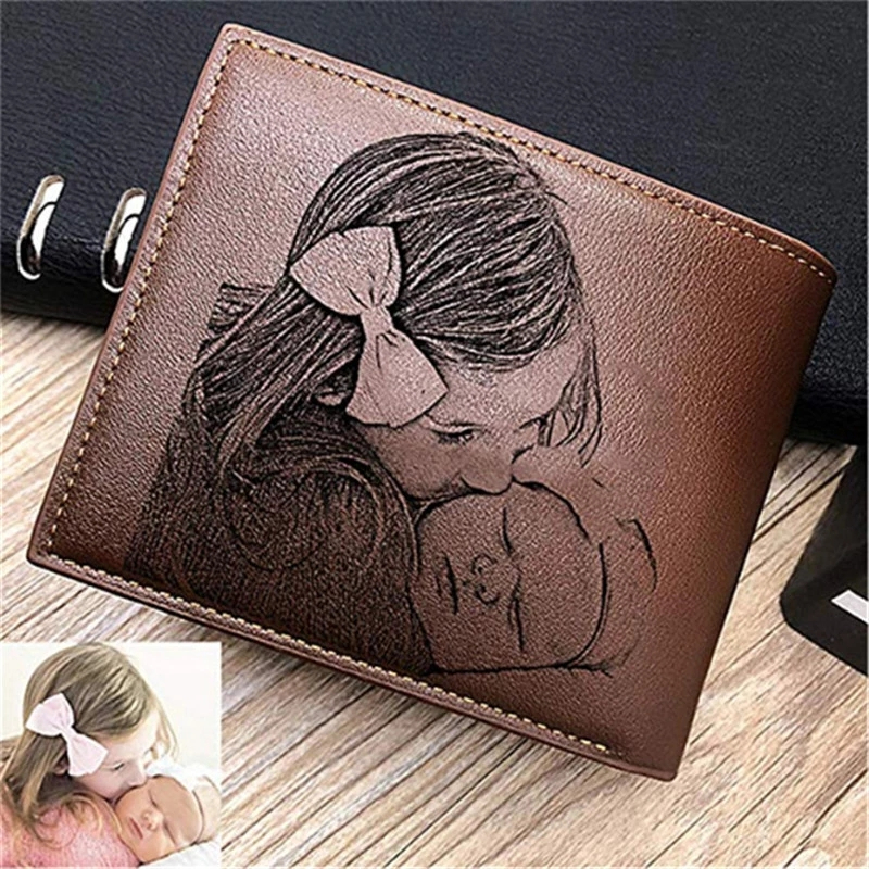 Gravierte Herren-Brieftasche mit eigenem Foto & Wunschtext – Personalisiertes Münzfach-Portemonnaie