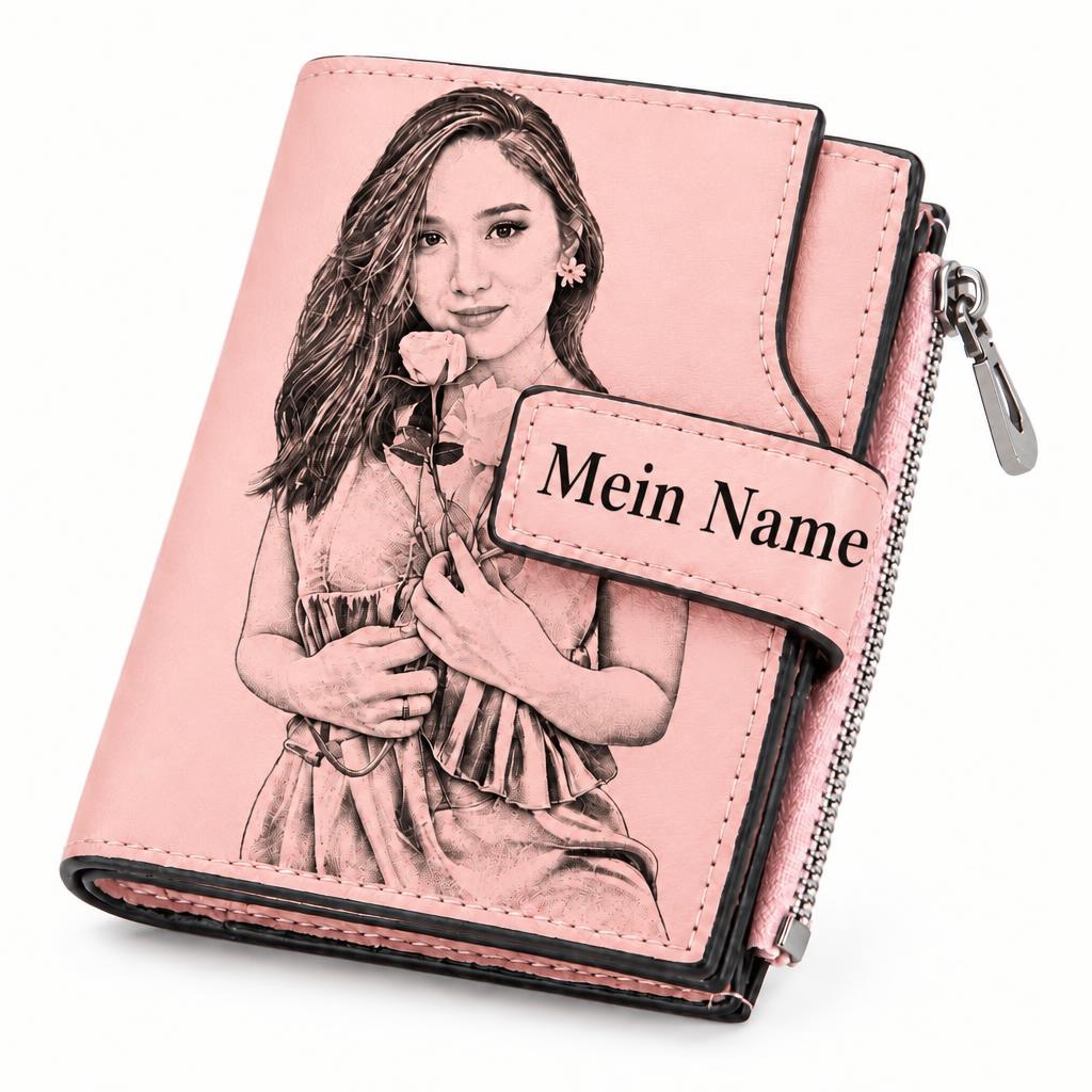 Personalisierte Damen Geldbörse mit Fotogravur & Namensgravur – Portemonnaie mit eigenem Foto, Wunschname, Reißverschluss & Druckknopf