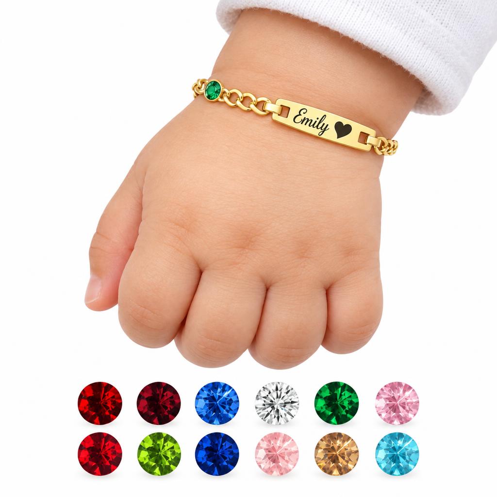 Personalisiertes Namensarmband mit Geburtsstein – Armband mit Wunschname, Herzsymbol & farbigem Kristall, individuelles Geschenk