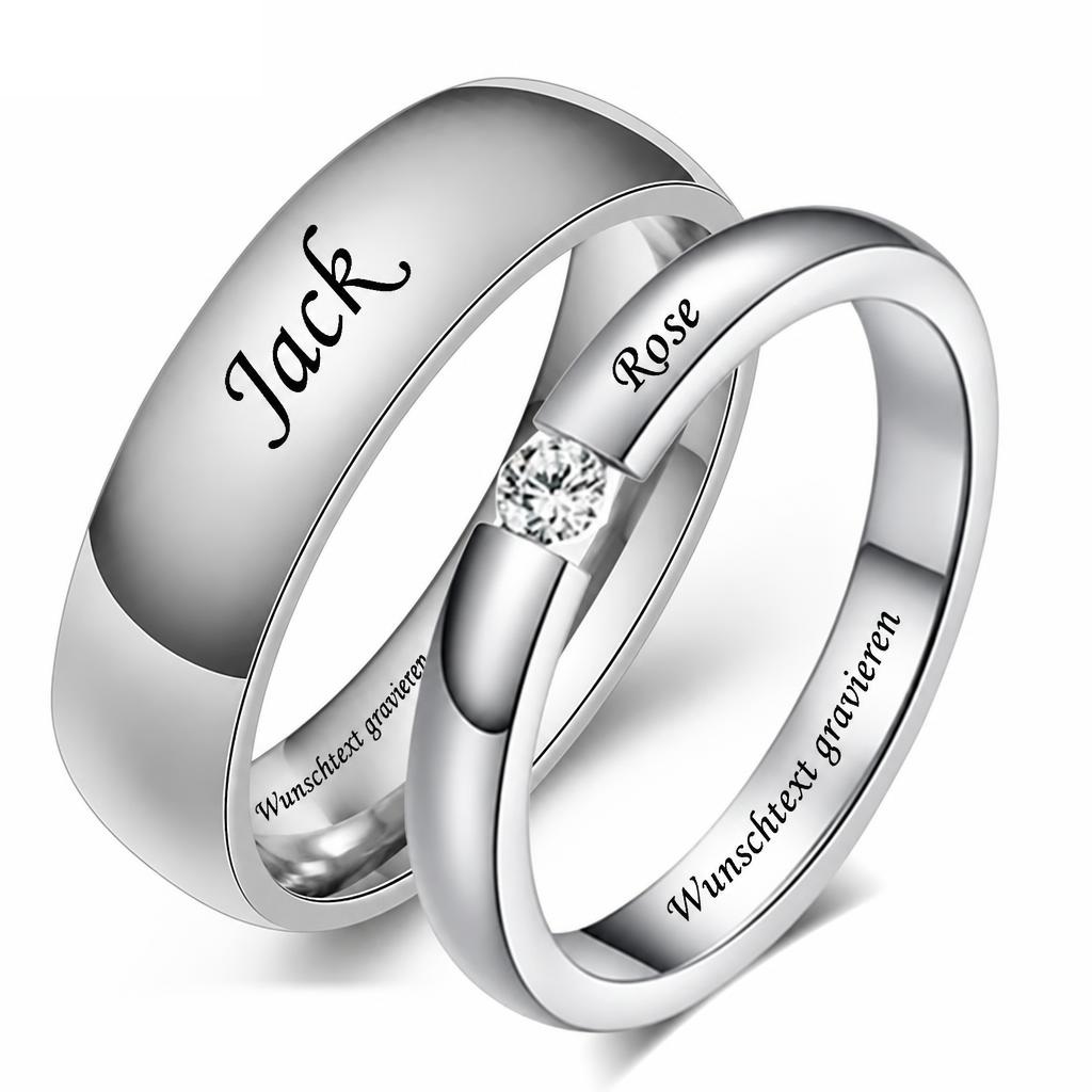 Personalisierter Ring mit Namens- & Innengravur – Edelstahlring mit Wunschtext und Zirkonia, individueller Partnerring