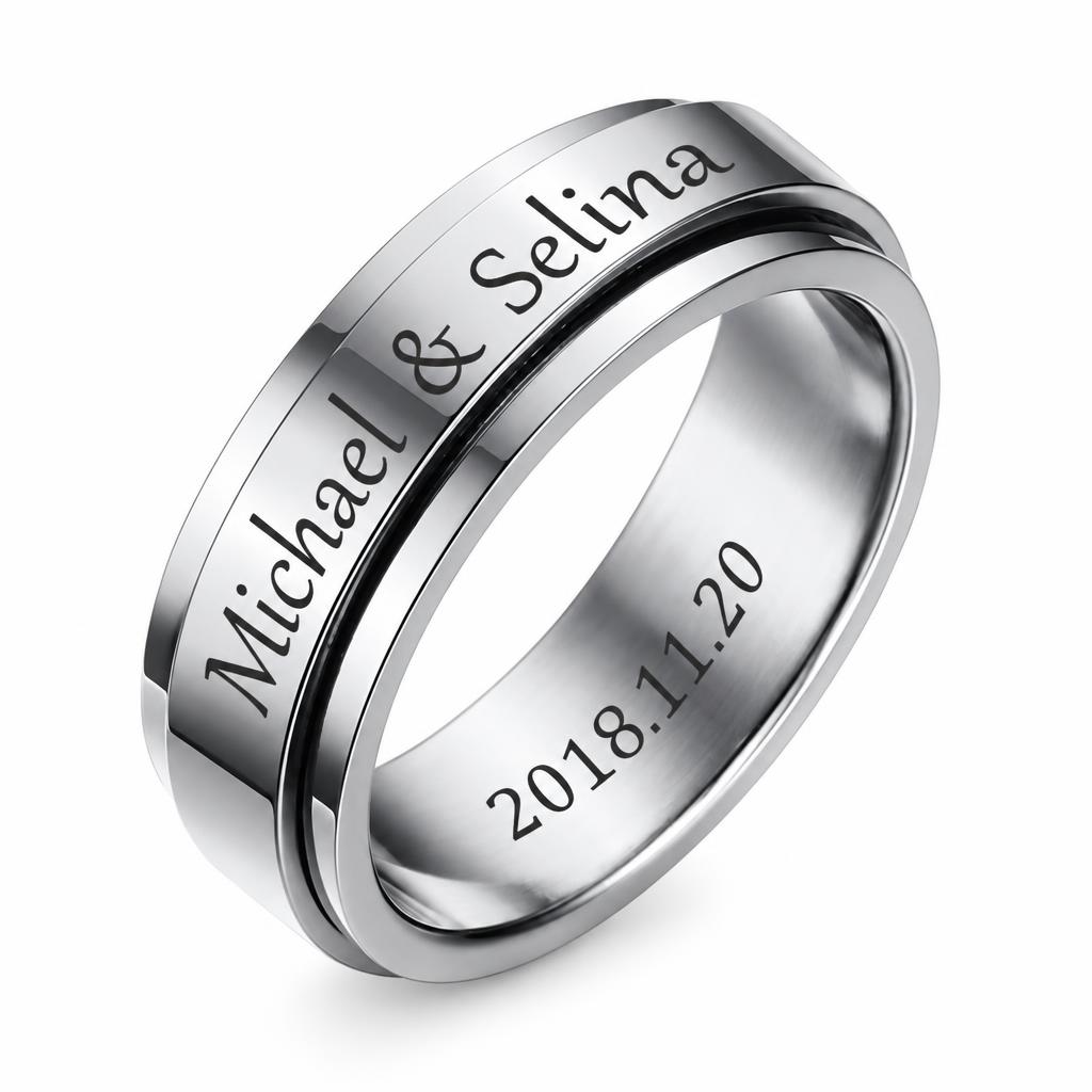 Personalisierter Edelstahlring mit Namens- & Datumsgravur – Individueller Partnerring mit Wunschtext innen und außen