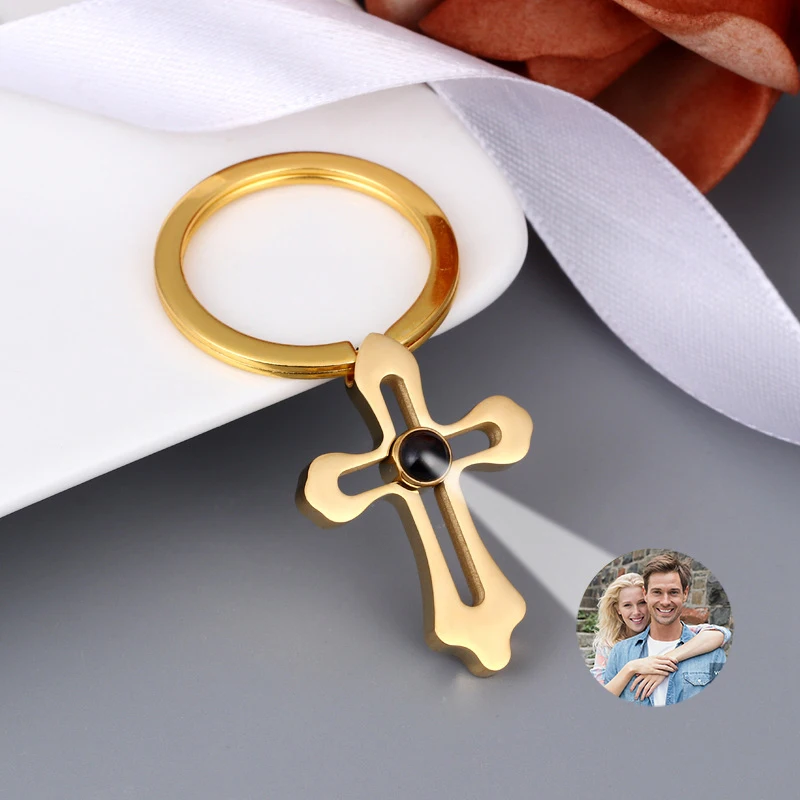 Personalisierter Projektions-Schlüsselanhänger aus Edelstahl – Kreuz-Anhänger mit Fotoprojektion