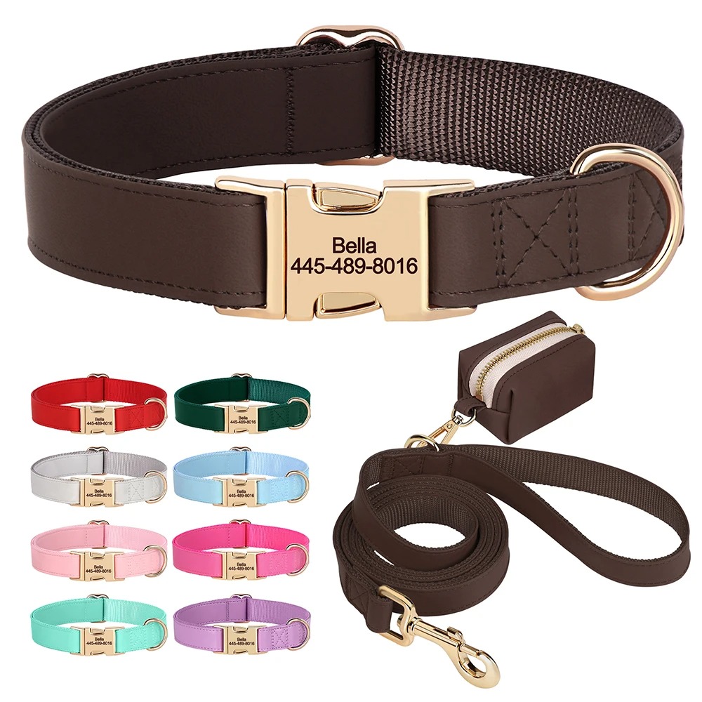Personalisiertes Hundehalsband Set mit Leine & Kotbeuteltasche – Verstellbares Halsband mit Name & Telefonnummer