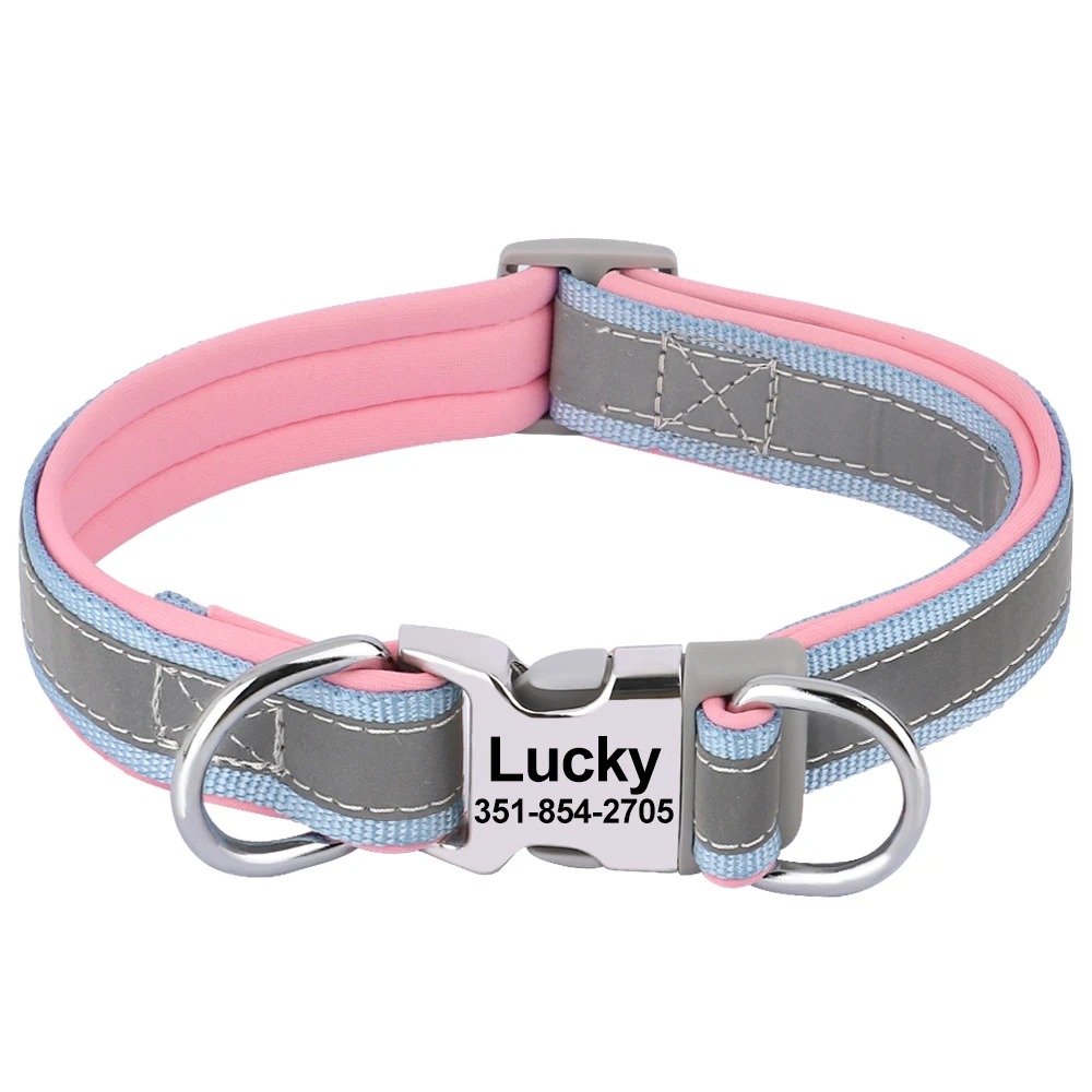 Graviertes Hundehalsband mit Reflektorstreifen – Personalisiertes Halsband mit Name & Nummer