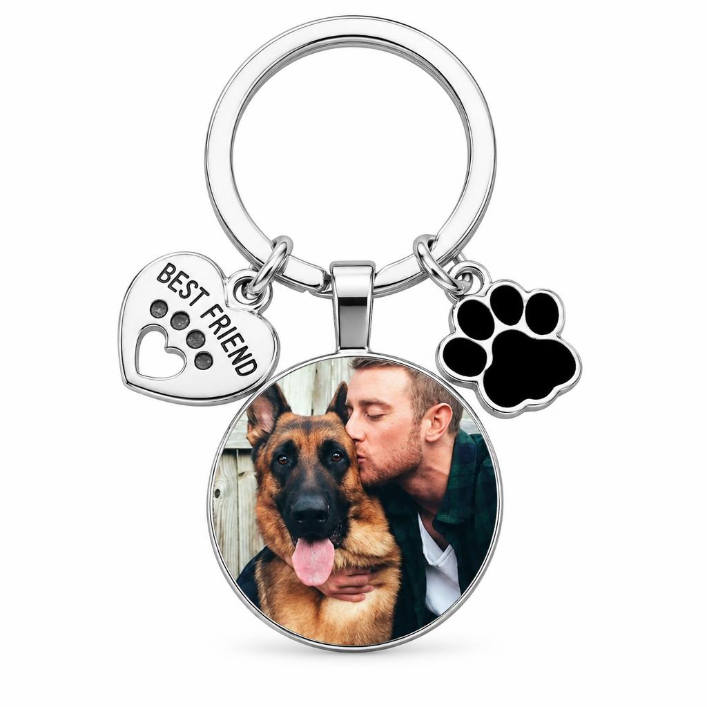 Personalisierter Haustier Schlüsselanhänger mit eigenem Foto – Fotoanhänger mit Pfoten-Charm & „Best Friend“-Anhänger für Hund oder Katze