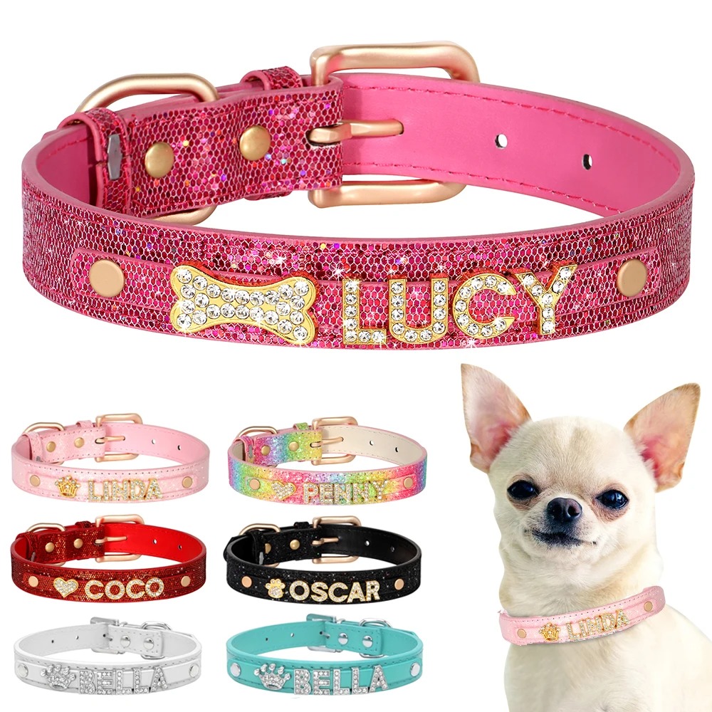 Personalisiertes Glitzer-Hundehalsband mit Strass & Wunschname – Verstellbares Halsband mit Strassbuchstaben und Pfoten-/Knochenmotiv