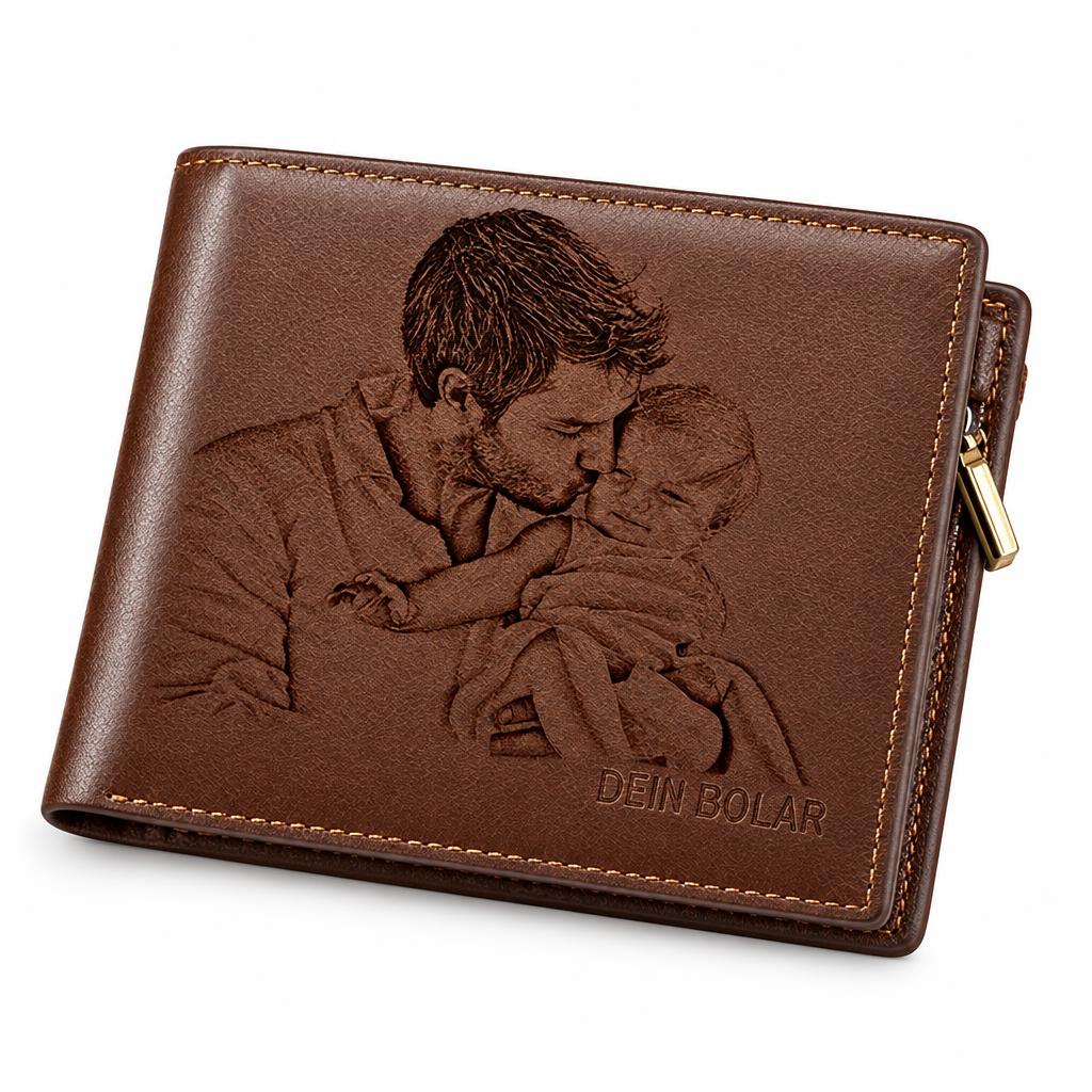 Gravierte Herren-Brieftasche mit eigenem Foto & Wunschtext – Personalisiertes Münzfach-Portemonnaie