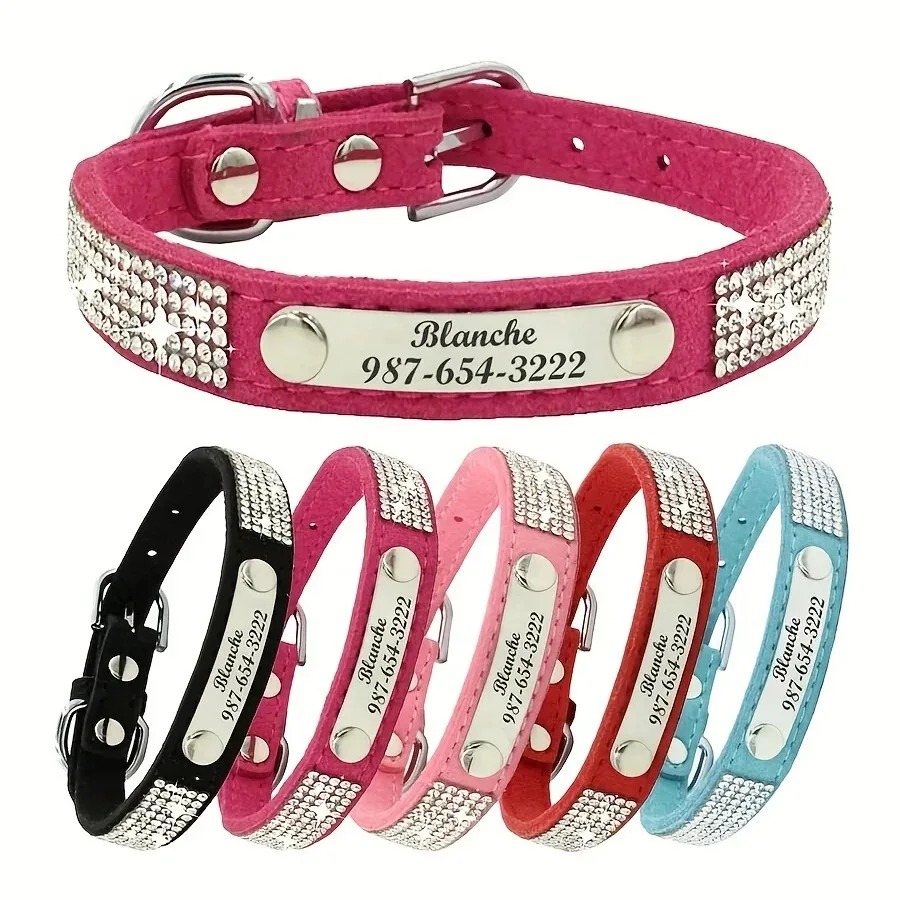 Personalisiertes Strass-Hundehalsband – Glitzer Halsband mit Namensschild, Name & Telefonnummer