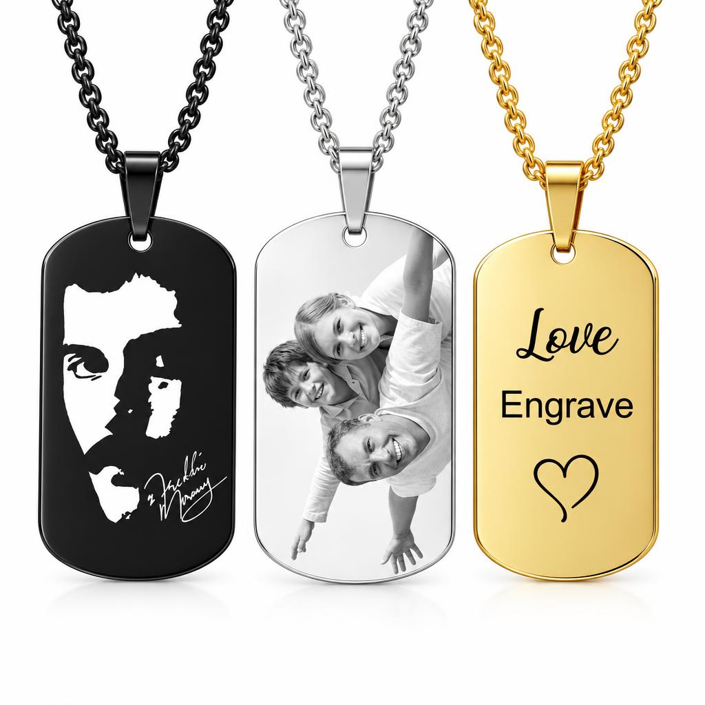 Personalisierte Dog Tag Halskette mit Fotogravur & Textgravur – Anhänger mit eigenem Foto, Name oder Wunschtext
