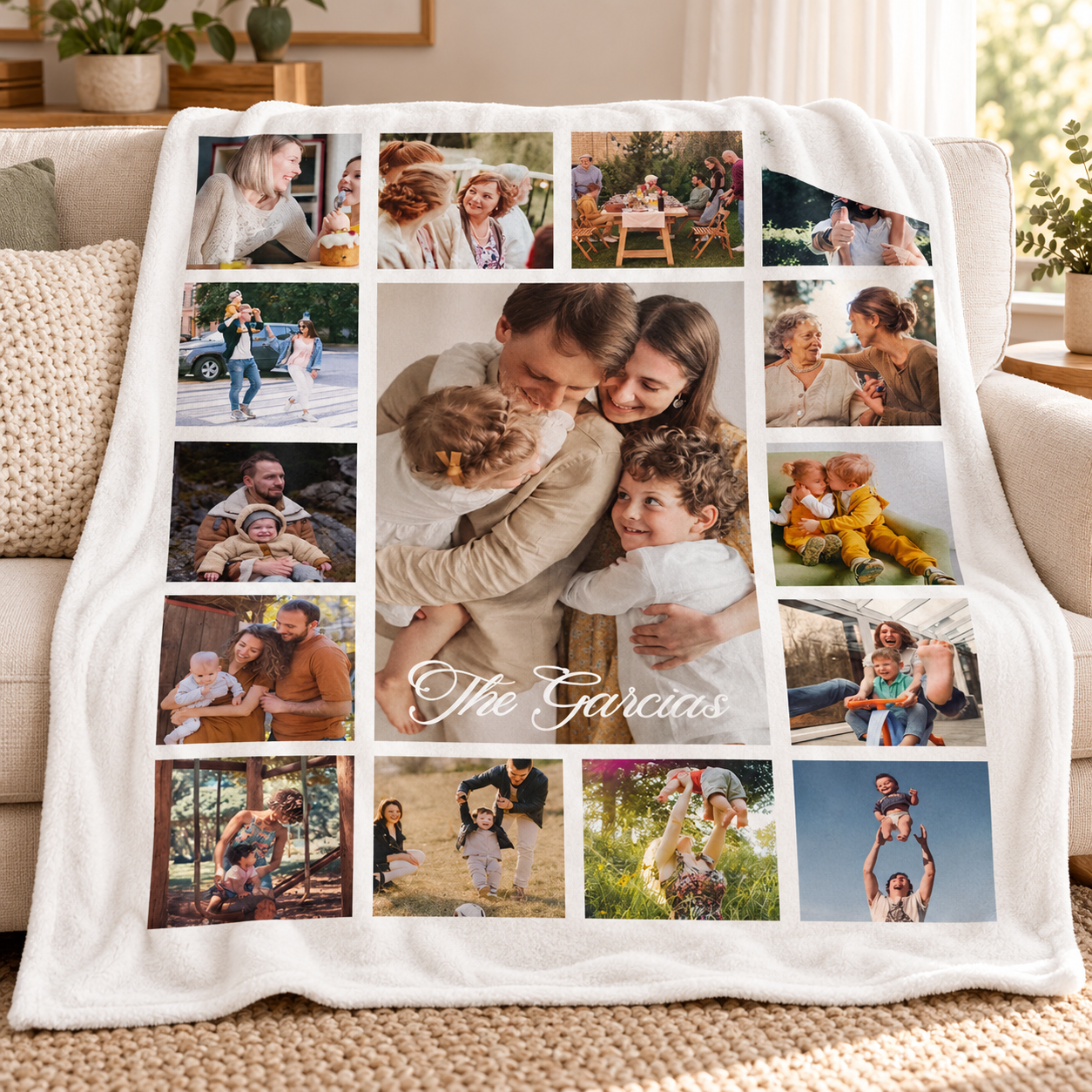 Personalisierte Fotodecke aus weichem Polyester mit eigenen Bildern & Wunschtext – Individuelle Kuscheldecke mit Fotocollage