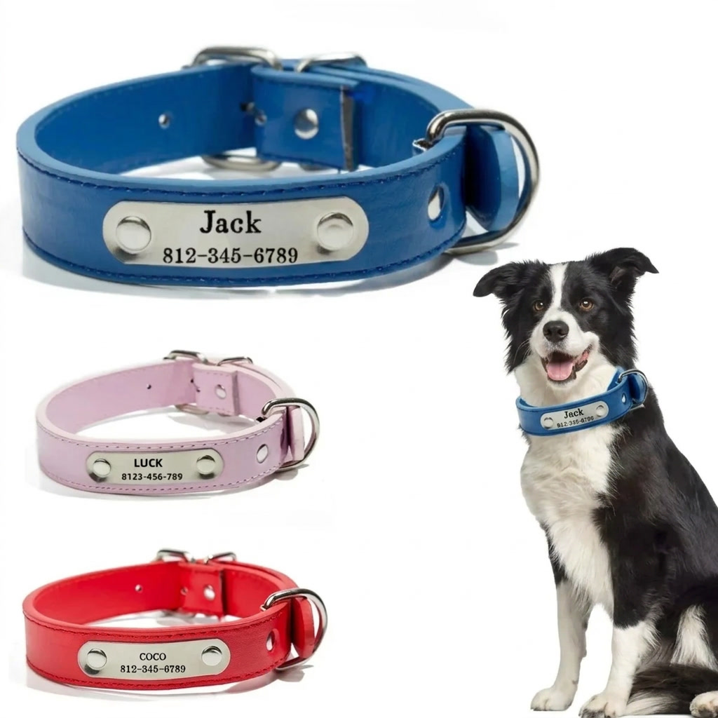 Personalisiertes Hundehalsband mit Namensschild – Verstellbares Halsband in Lederoptik mit Name & Telefonnummer