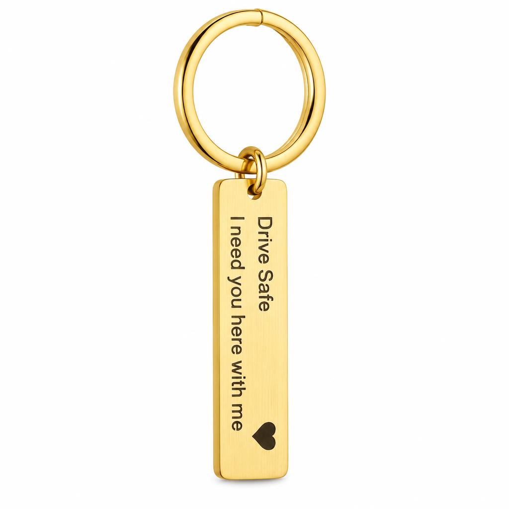Personalisierter Schlüsselanhänger mit Textgravur – Rechteckiger Metallanhänger mit Wunschtext & Herzsymbol, in Silber, Gold oder Roségold