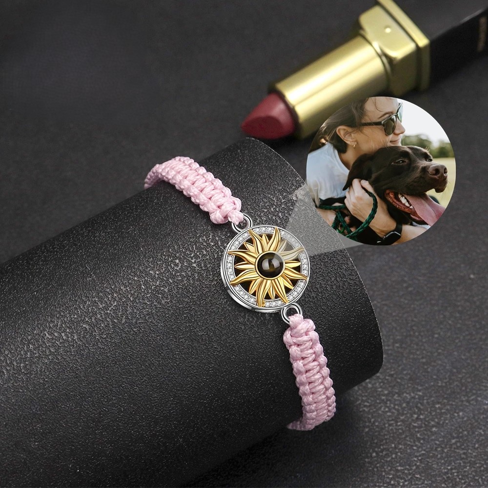 Projektionsarmband „Blumen“ – Stoff & Zirkonia, personalisiert mit Foto, verstellbar 18–23 cm