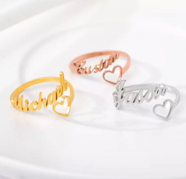 Verstellbarer Herz Ring mit eigenem Namen | Klasse-Gravur Personalisierter Ring Wunschtext Signiert