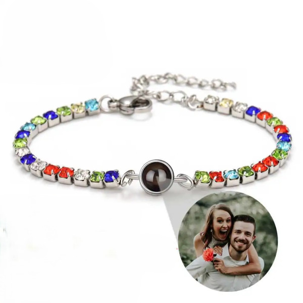 Buntes Zirkonia Armband mit Fotoprojektion, Personalisiertes Fotoarmband mit eigenem Bild (18-23cm)