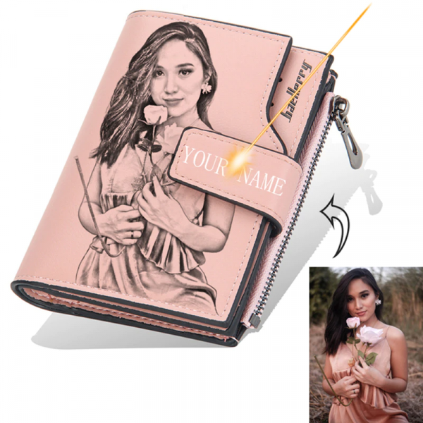 Damen Brieftasche + Foto/Text Gravur Geldbeutel Geldbörse Portemonnaie Pink 12,5cm