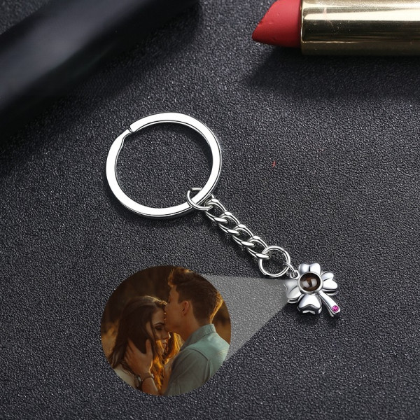 Kleeblatt-Schlüsselanhänger mit Fotoprojektion aus 925er Sterling Silber