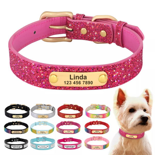 Gravur-Lederhalsband, Glitzer Hundehalsband mit Text Gravur