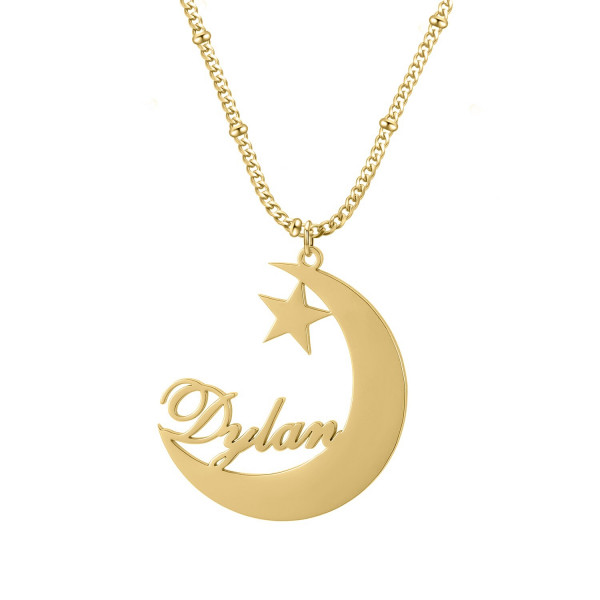 Namenskette (Mond-Stern Symbol) | Klasse-Gravur Personalisierte Signatur Halskette