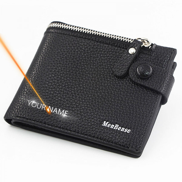 Herren Brieftasche mit Textgravur Druckknopf + Reißverschluss Münzfach Personalisierte Geldbörse
