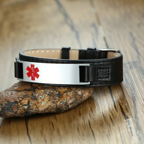Gravur-Armband, Personalisiertes Leder Armband mit Hinweis Symbol (15-22,5cm Länge)