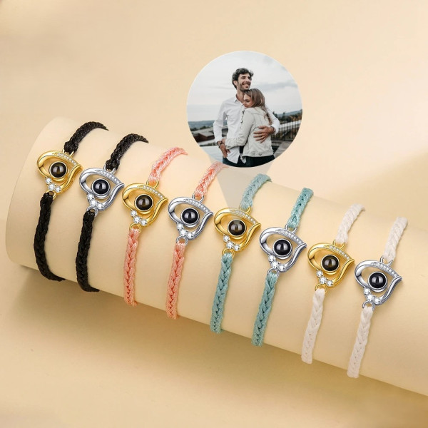 Zirkonia Herz Stoffarmband mit Fotoprojektion, Personalisiertes Armband mit eigenem Bild (16-22cm)