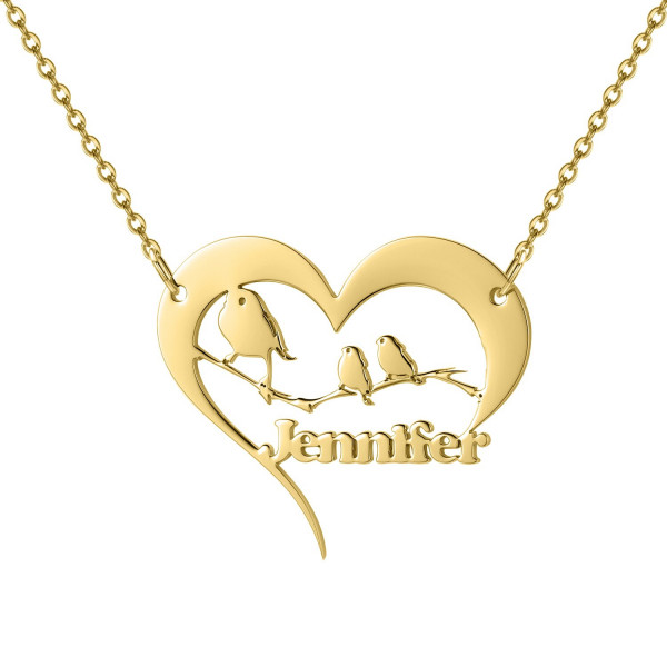 Namenskette für Damen (Vogel im Herz Inneren) Personalisierte Halskette Wunsch-Signatur
