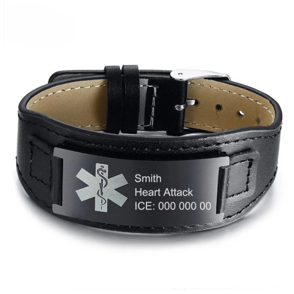 Gravur-Armband, Personalisiertes Echtleder Armband mit Medizinischem Hinweis Symbol (17-22cm Länge)