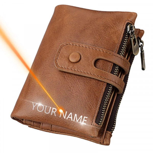 Echtleder Brieftasche mit Textgravur Lasergravur Portemonnaie Doppel-Reißverschluss Herren