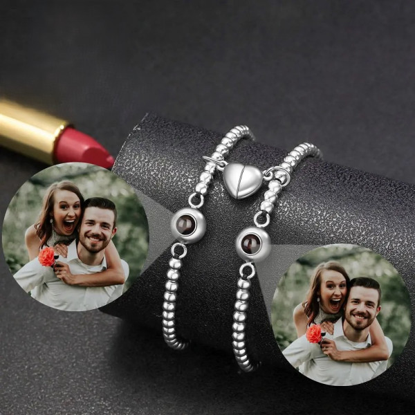 Partnerarmbänder mit Fotoprojektion, Personalisierte 2-Teilige Armbänder (18-23cm Länge verstellbar)